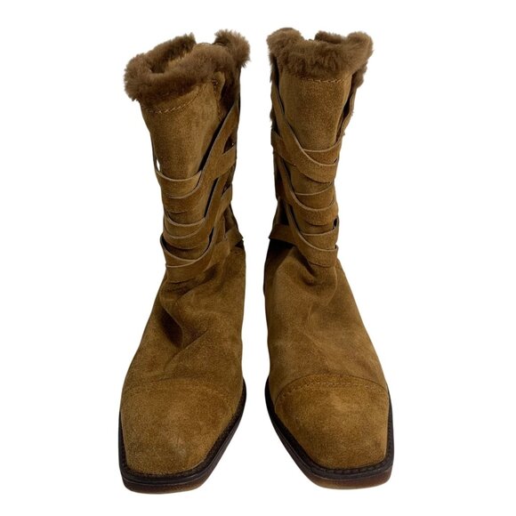 Stuart Weitzman Fur Lined Mid Calf Back Zip Brown Suede Boots Womens SZ 9 N EUC - Picture 1 of 9